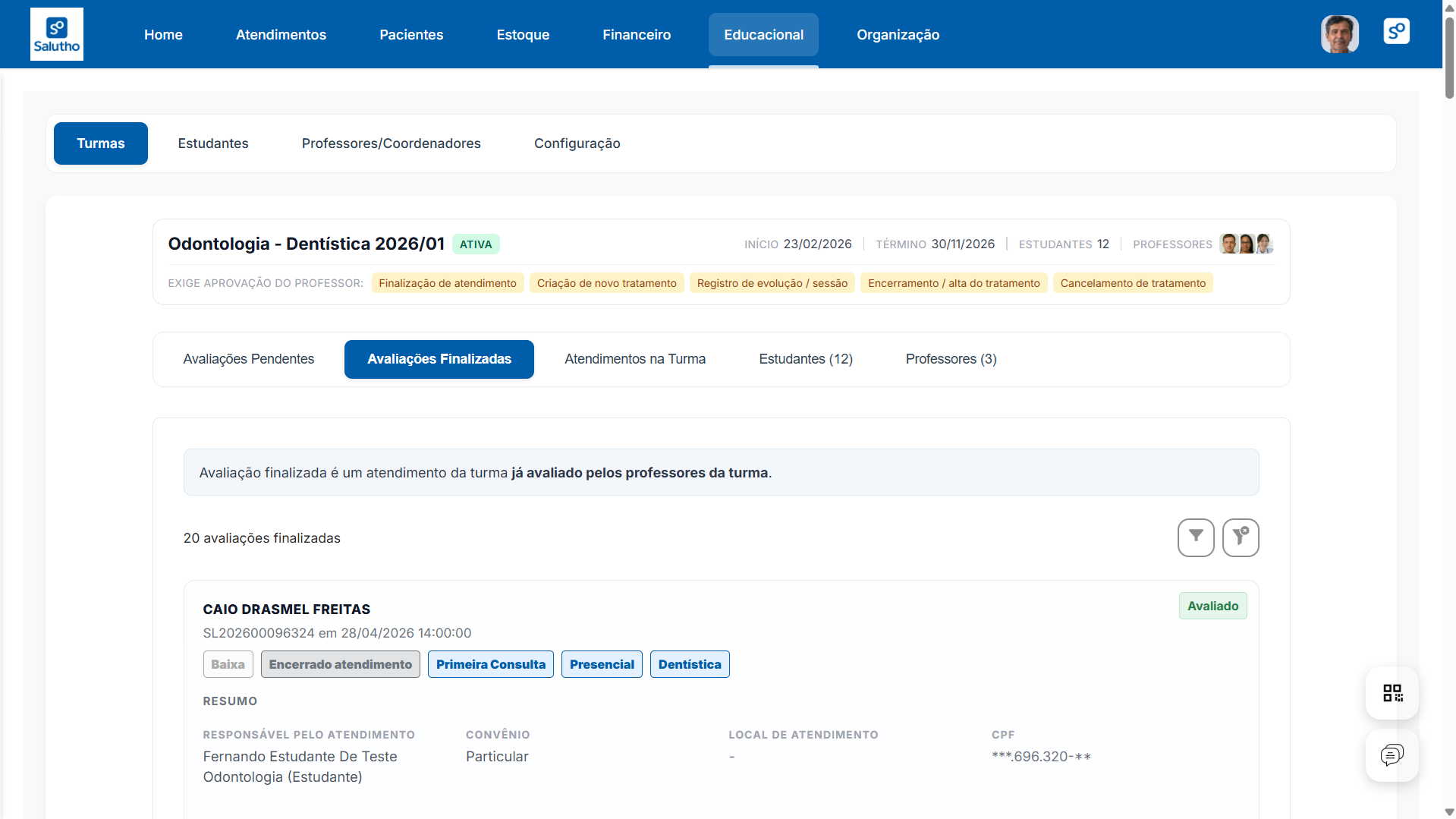 Avaliações finalizadas de uma turma no SaluEdu - status, professor avaliador e feedbacks