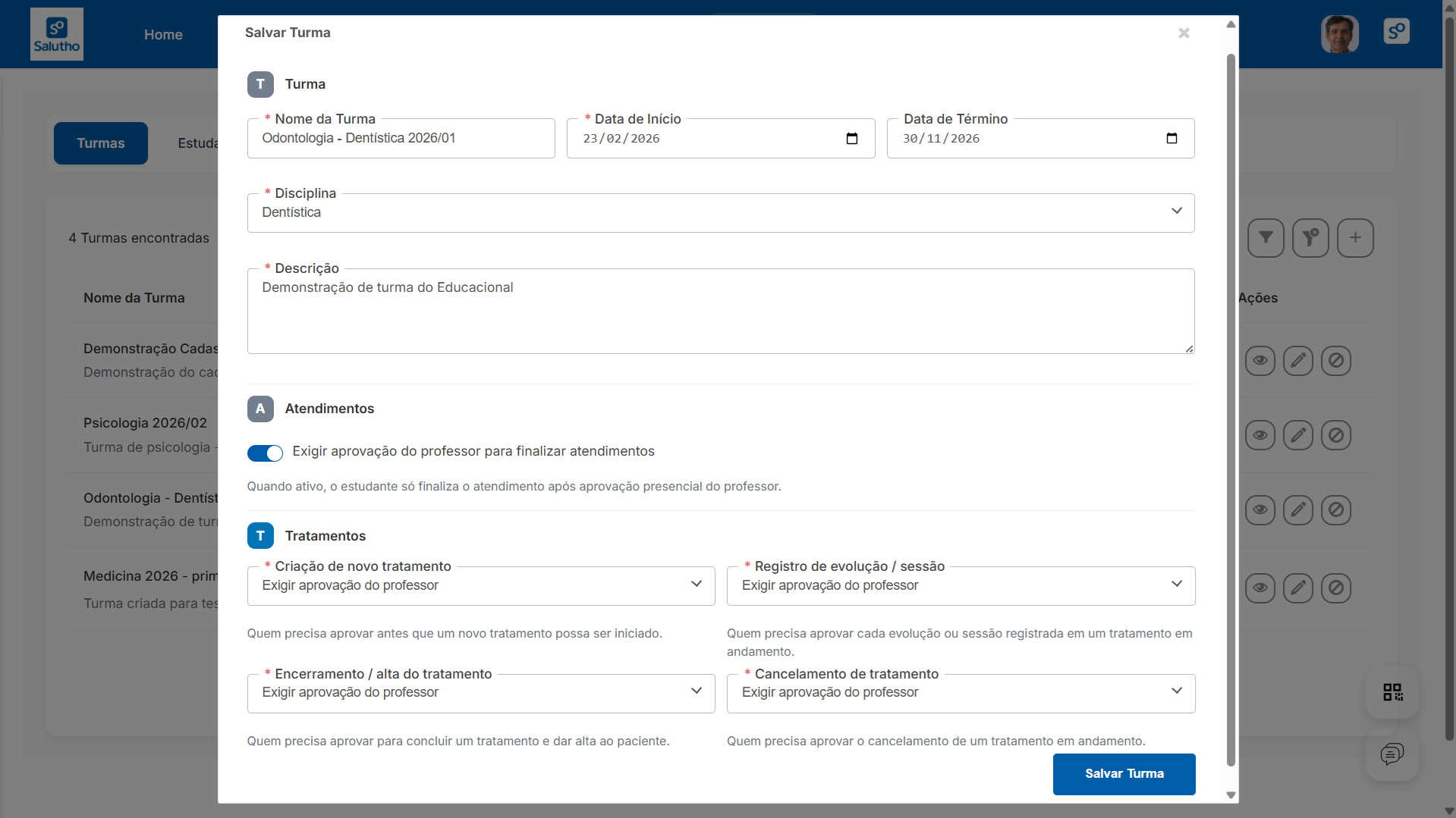 Tela de configuração da turma no SaluEdu - aprovação por evento e métodos avaliativos selecionáveis